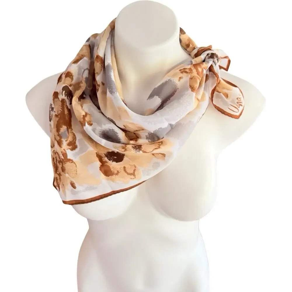 Vera Neumann Vintage Square Scarf Abstract Floral Caramel Brown Grey 20x20
